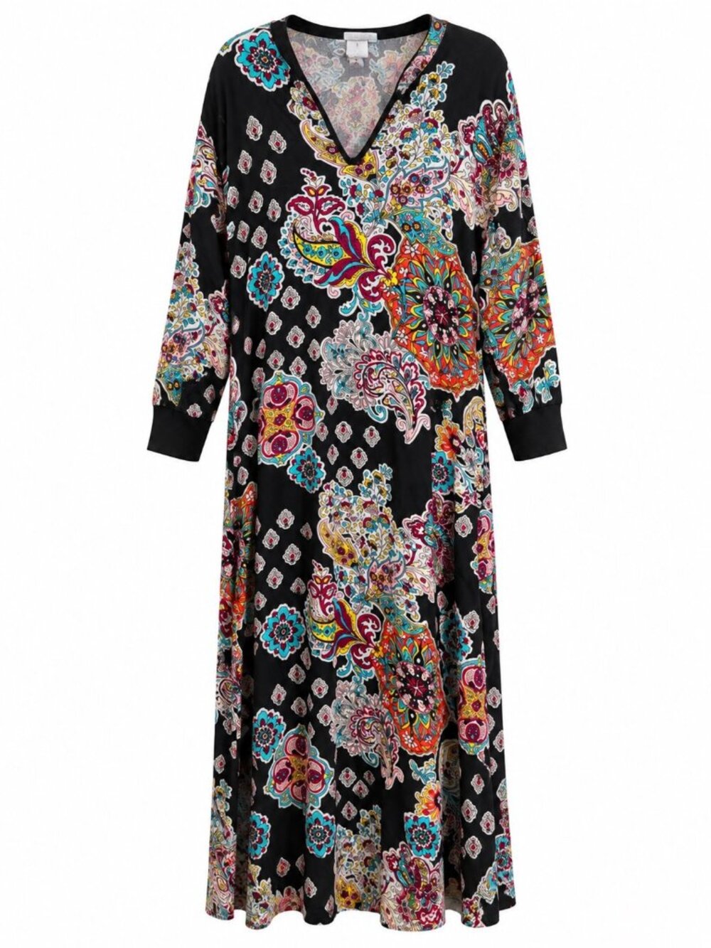Natori Womens XL Black Multicolor Floral Print Rayon Long Sleeve V-Neck Maxi Dre